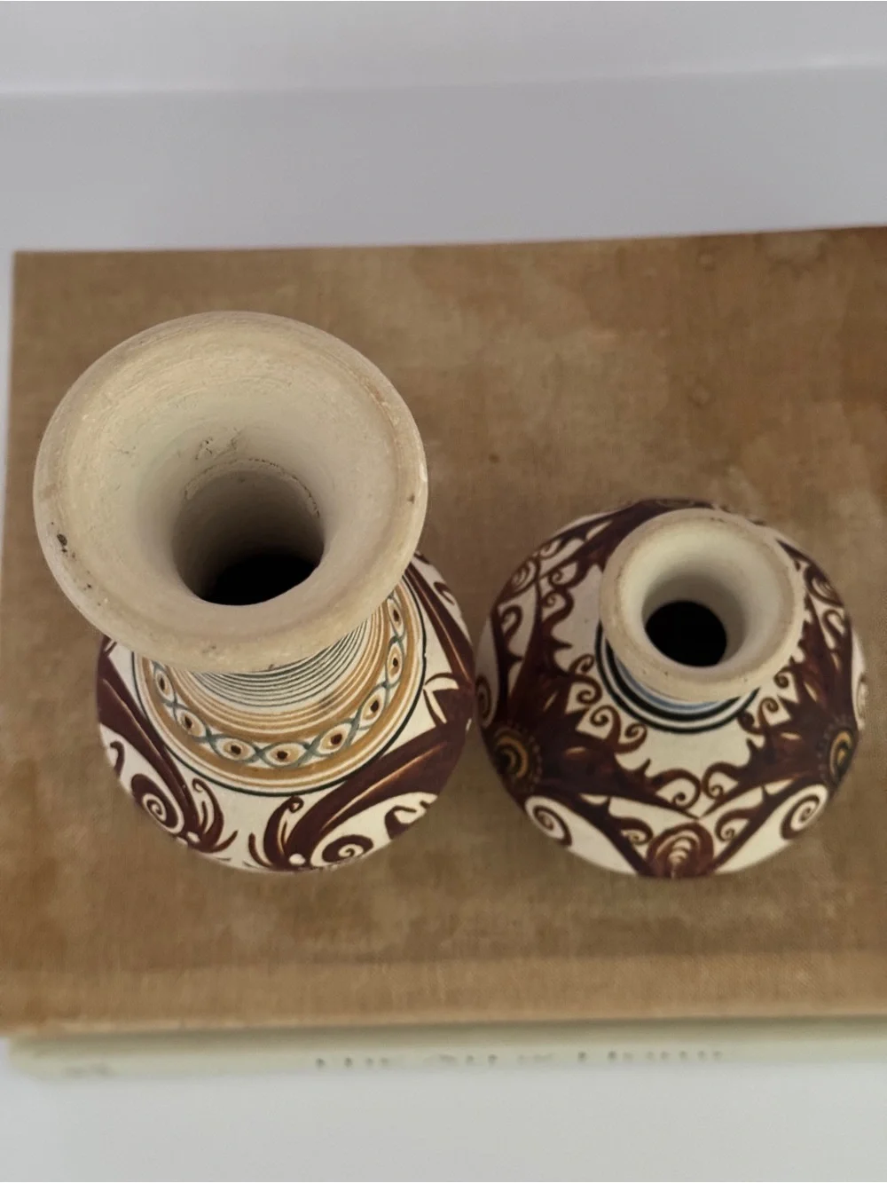 Vintage Hand Painted Studio Pottery Vase Pair Folk Art Boho MCM Floral